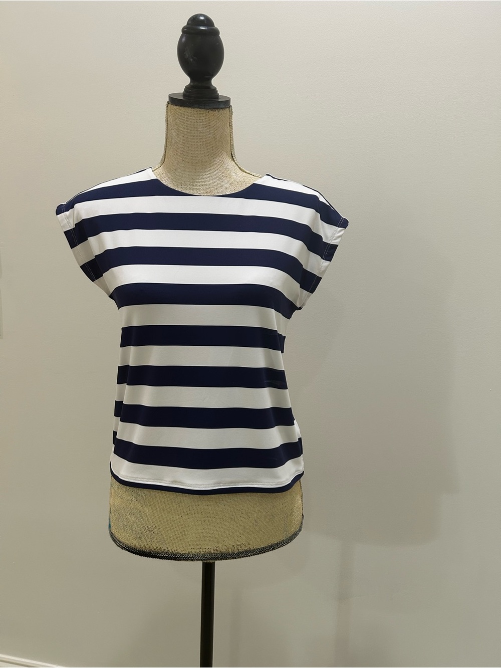 Tahari Navy and White Striped Short Sleeve Tee
